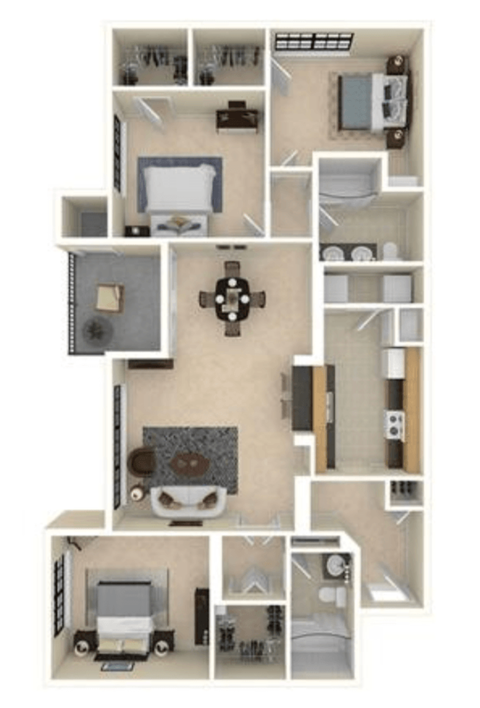 Floor plan for 3 beds, 2 baths, 1302 sqft
